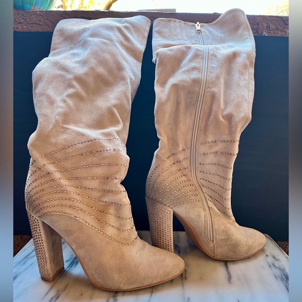 Chunky heeled boots suede with rose gold rhinestone (size 8)